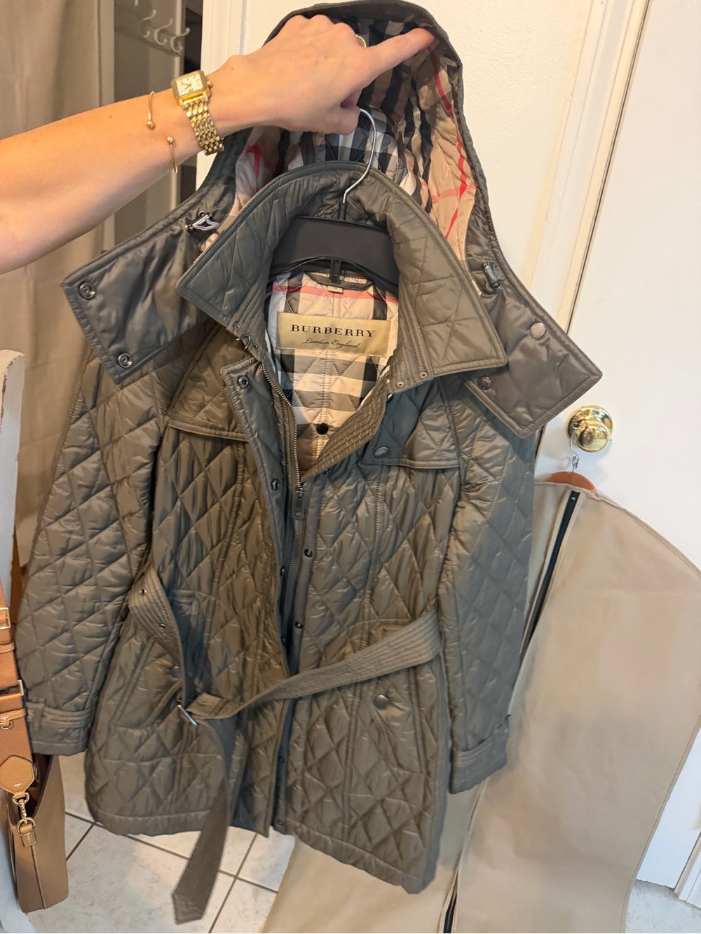 Burberry Quilted Trench Coat in Olive Green with Check Lining
